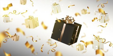 gift boxes confetti flying defocused background black gold presents with golden spiral twisted tinsel birthday 3d vector design birthday new year christmas realistic illustration 107791 10060