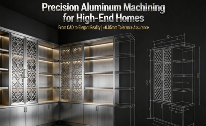 How can high-end home furnishings avoid wasting 15% of customization costs through precision aluminum component manufacturing A realistic photo illustrating the process of precision aluminum CNC machining, showing an elegant, minimalist aluminum screen partition in a high-end living space, alongside its detailed 3D engineering blueprint, emphasizing seamless integration of design and manufacturing.