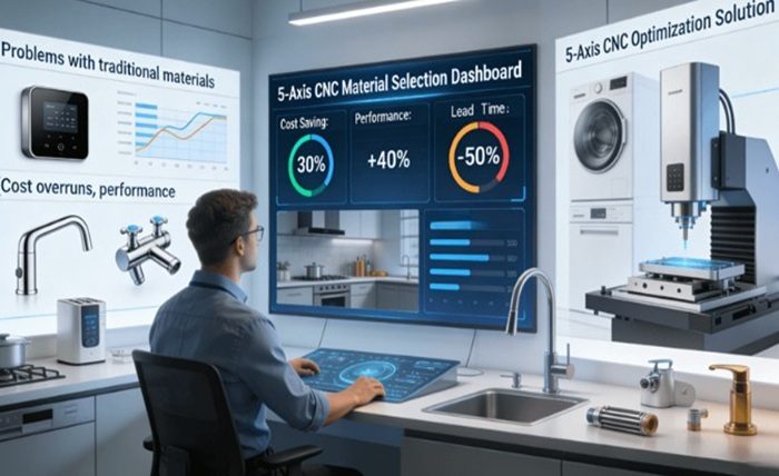 5-axis CNC machining material selection dashboard for high-end home appliances showing cost savings, performance improvement, and lead time reduction through scientific material optimization